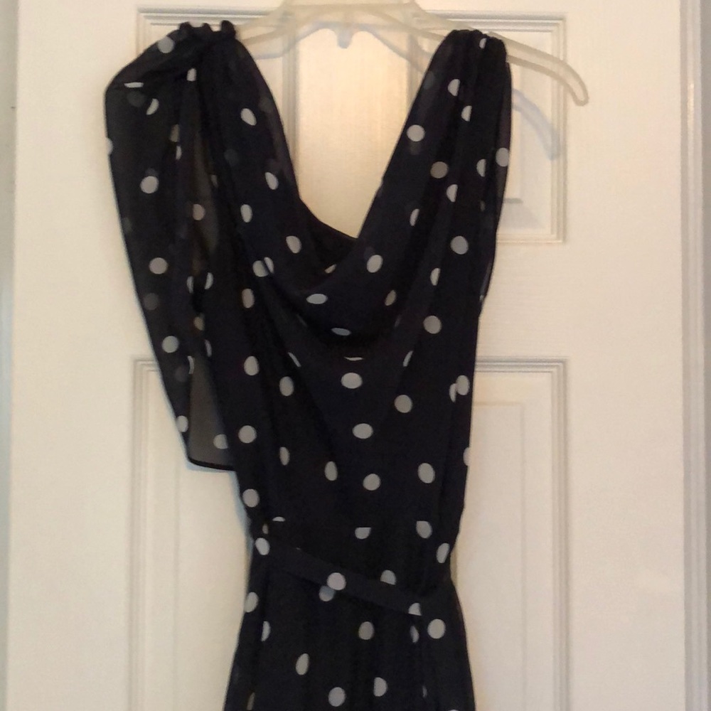 Beautiful navy polka dot dress with wait tie.
